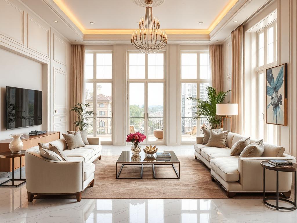 Spacious living room with marble flooring